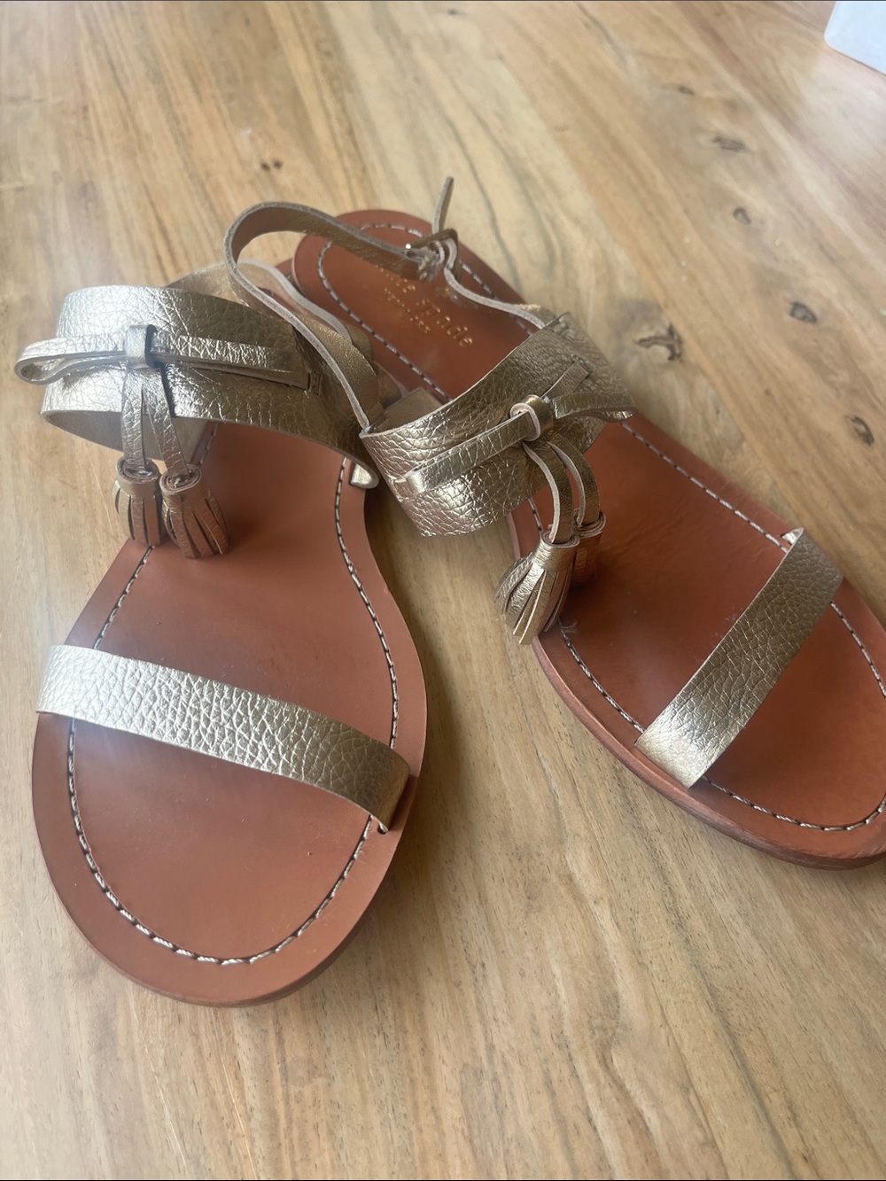kate spade Metallic Gold Leather Tassel Strap Sandals